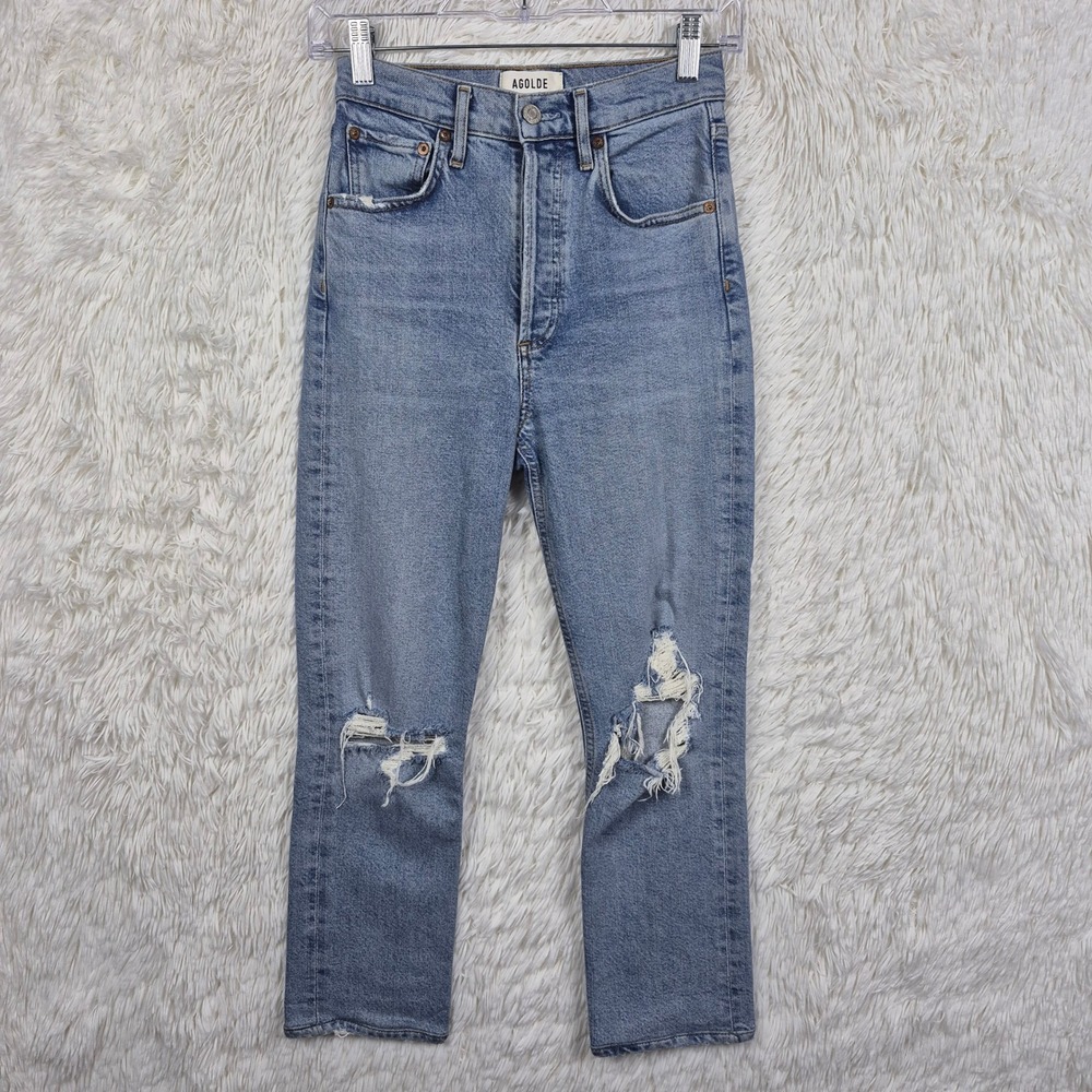AGOLDE Riley High Rise Straight Crop Distressed Jeans Light Wash Sz 23 Grunge